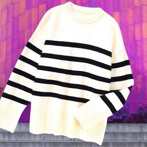 🆕Boutique Women’s plus-size Cream & Black Striped Chunky Knit Sweater❤️❤️3X